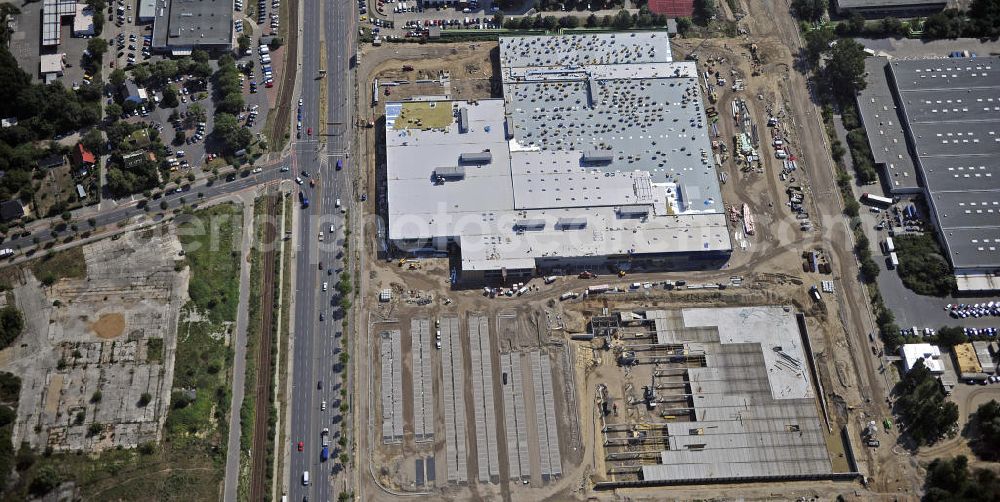 Berlin from above - Blick auf die IKEA Baustelle in Berlin Lichtenberg. Bis zum November diesen Jahres entsteht hier an der Landsberger Allee der zweitgrößte Ikea-Standort in Europa mit 22 000 Quadratmetern und zugleich das dritte Berliner Einrichtungshaus. Eröffnung soll Anfang November 2010 sein. View of the IKEA construction area in Berlin Lichtenberg. It is the third furniture store in Berlin.