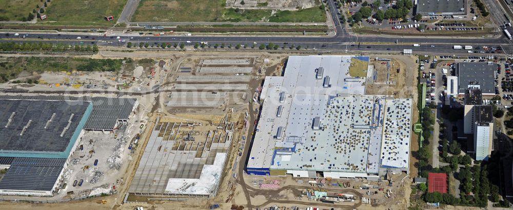 Aerial photograph Berlin - Blick auf die IKEA Baustelle in Berlin Lichtenberg. Bis zum November diesen Jahres entsteht hier an der Landsberger Allee der zweitgrößte Ikea-Standort in Europa mit 22 000 Quadratmetern und zugleich das dritte Berliner Einrichtungshaus. Eröffnung soll Anfang November 2010 sein. View of the IKEA construction area in Berlin Lichtenberg. It is the third furniture store in Berlin.