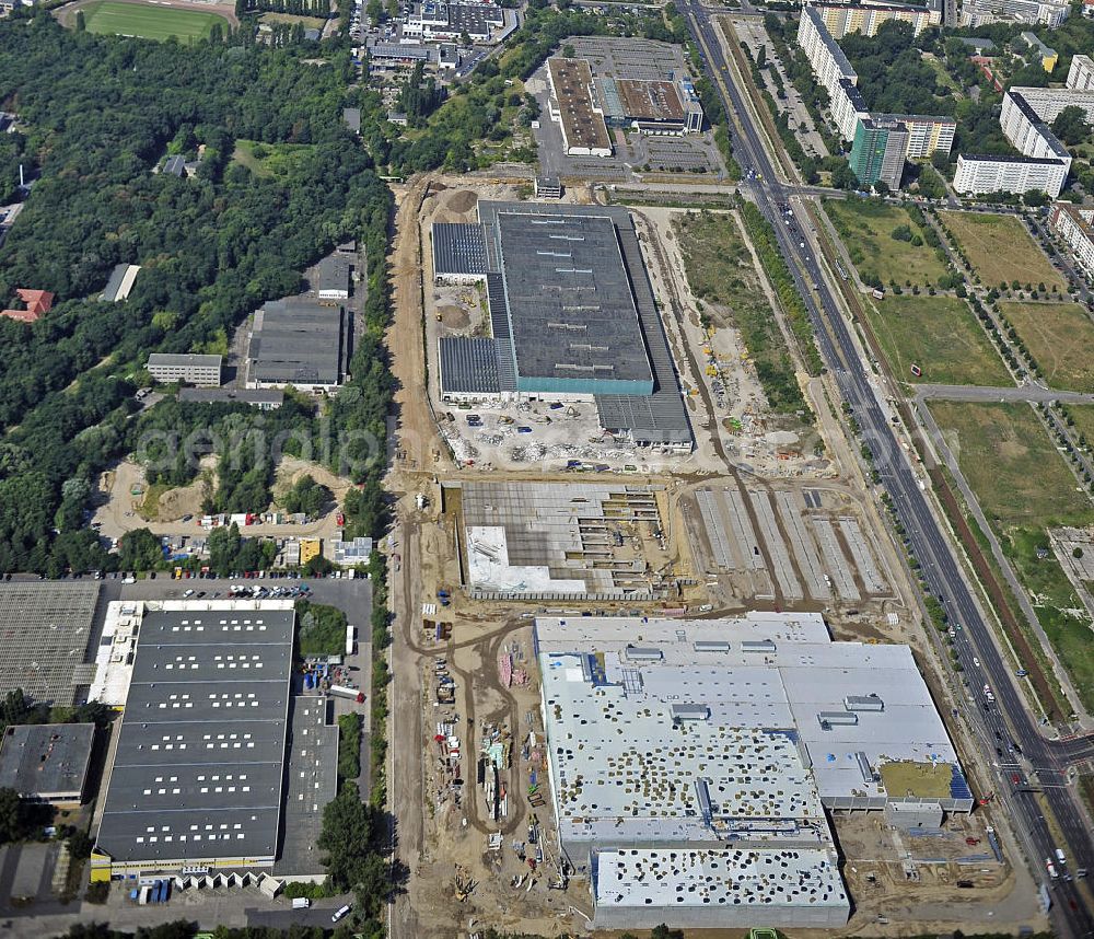 Berlin from above - Blick auf die IKEA Baustelle in Berlin Lichtenberg. Bis zum November diesen Jahres entsteht hier an der Landsberger Allee der zweitgrößte Ikea-Standort in Europa mit 22 000 Quadratmetern und zugleich das dritte Berliner Einrichtungshaus. Eröffnung soll Anfang November 2010 sein. View of the IKEA construction area in Berlin Lichtenberg. It is the third furniture store in Berlin.