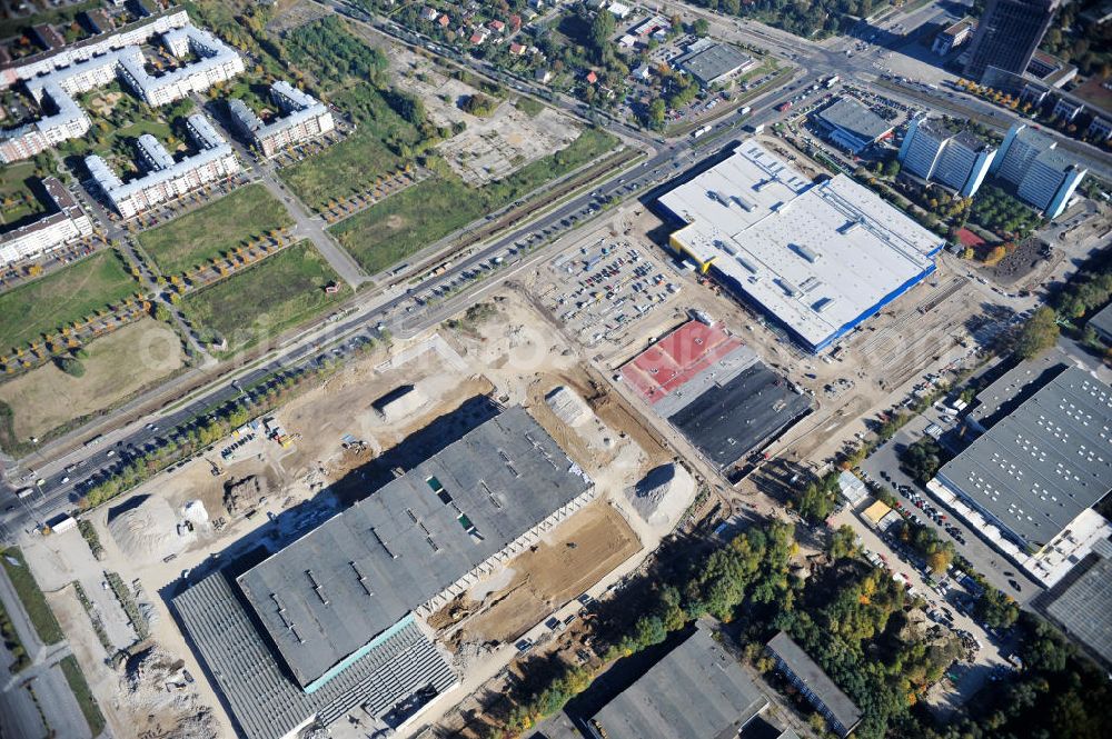 Berlin from above - Blick auf die IKEA Baustelle in Berlin Lichtenberg. Bis zum November diesen Jahres entsteht hier an der Landsberger Allee der zweitgrößte Ikea-Standort in Europa mit 22 000 Quadratmetern und zugleich das dritte Berliner Einrichtungshaus. Eröffnung soll Anfang November 2010 sein. View of the IKEA construction area in Berlin Lichtenberg. It is the third furniture store in Berlin.