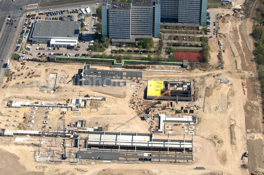 Berlin from above - Blick auf die IKEA Baustelle in Berlin Lichtenberg. Bis zum November diesen Jahres entsteht hier an der Landsberger Allee der zweitgrößte Ikea-Standort in Europa mit 22 000 Quadratmetern und zugleich das vierte Berliner Einrichtungshaus. Eröffnung soll Anfang November 2010 sein. View of the IKEA construction area in Berlin Lichtenberg. It is the fourth furniture store in Berlin.