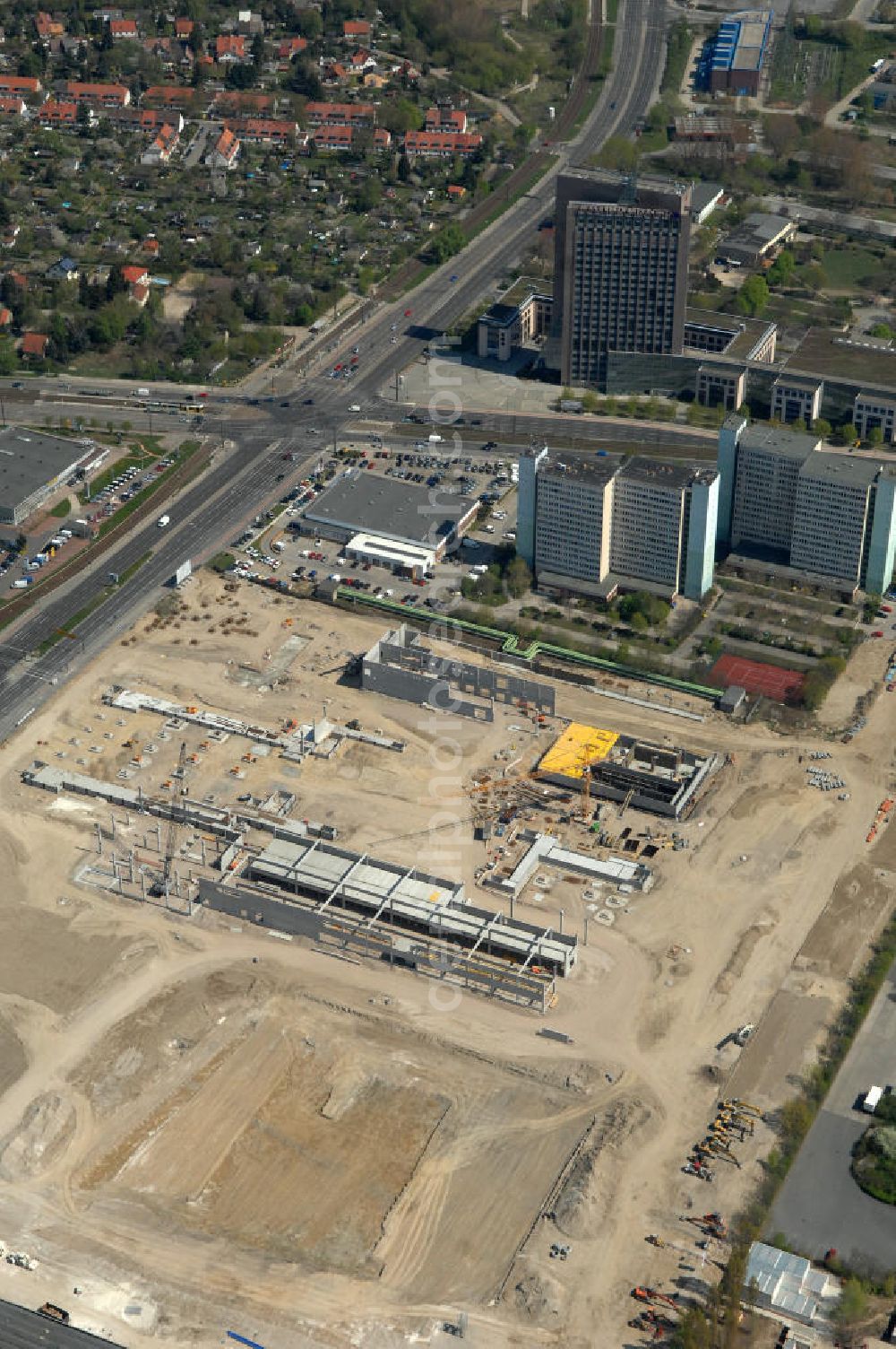 Berlin from above - Blick auf die IKEA Baustelle in Berlin Lichtenberg. Bis zum November diesen Jahres entsteht hier an der Landsberger Allee der zweitgrößte Ikea-Standort in Europa mit 22 000 Quadratmetern und zugleich das vierte Berliner Einrichtungshaus. Eröffnung soll Anfang November 2010 sein. View of the IKEA construction area in Berlin Lichtenberg. It is the fourth furniture store in Berlin.