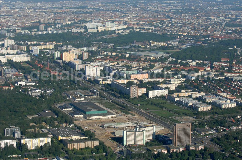 Berlin from the bird's eye view: Blick auf die IKEA Baustelle in Berlin Lichtenberg. Bis zum November diesen Jahres entsteht hier an der Landsberger Allee der zweitgrößte Ikea-Standort in Europa mit 22 000 Quadratmetern und zugleich das vierte Berliner Einrichtungshaus. Eröffnung soll Anfang November 2010 sein. View of the IKEA construction area in Berlin Lichtenberg. It is the fourth furniture store in Berlin.