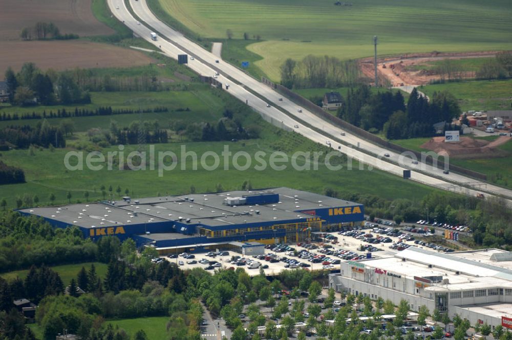 Chemnitz from above - Blick auf das IKEA - Einrichtungshaus im Neefepark 5 in Chemnitz an der Autobahn E 441. View of the IKEA - furniture store in Neefepark 5 in Chemnitz at the highway E 441st.