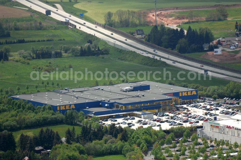 Aerial image Chemnitz - Blick auf das IKEA - Einrichtungshaus im Neefepark 5 in Chemnitz an der Autobahn E 441. View of the IKEA - furniture store in Neefepark 5 in Chemnitz at the highway E 441st.