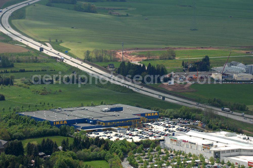 Aerial photograph Chemnitz - Blick auf das IKEA - Einrichtungshaus im Neefepark 5 in Chemnitz an der Autobahn E 441. View of the IKEA - furniture store in Neefepark 5 in Chemnitz at the highway E 441st.