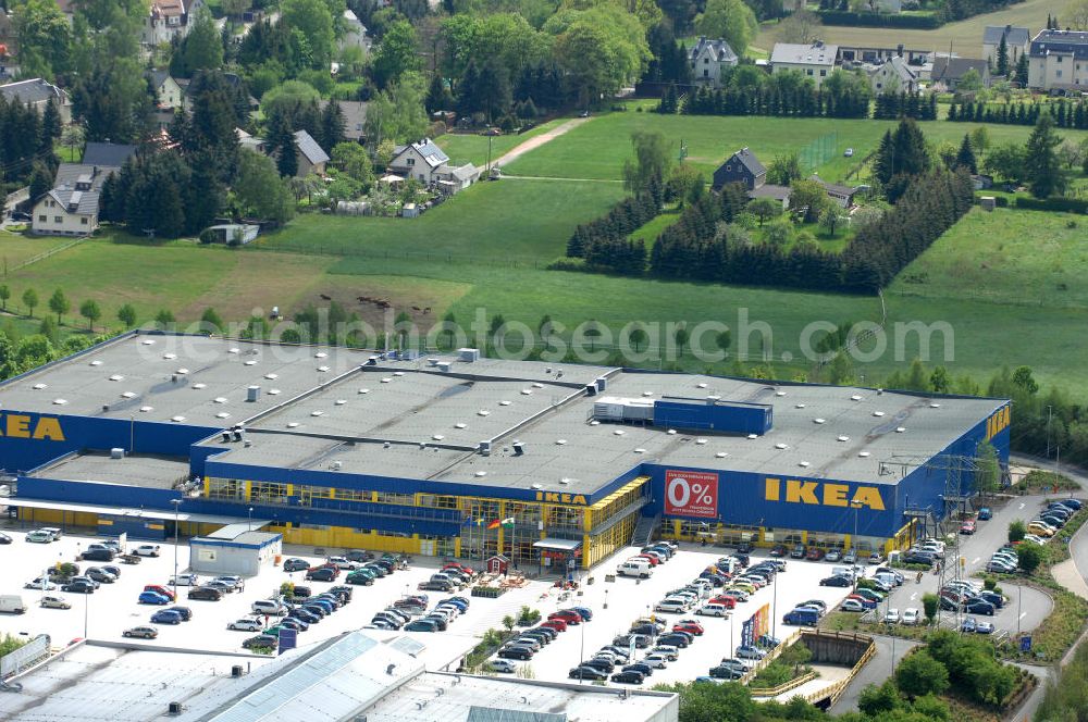 Chemnitz from above - Blick auf das IKEA - Einrichtungshaus im Neefepark 5 in Chemnitz an der Autobahn E 441. View of the IKEA - furniture store in Neefepark 5 in Chemnitz at the highway E 441st.