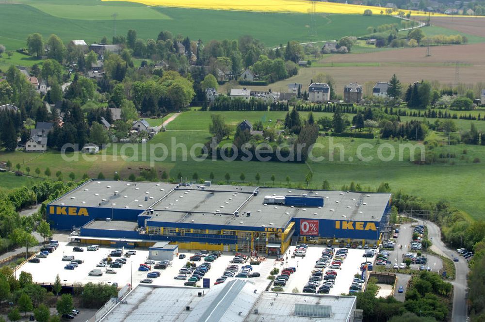 Aerial photograph Chemnitz - Blick auf das IKEA - Einrichtungshaus im Neefepark 5 in Chemnitz an der Autobahn E 441. View of the IKEA - furniture store in Neefepark 5 in Chemnitz at the highway E 441st.