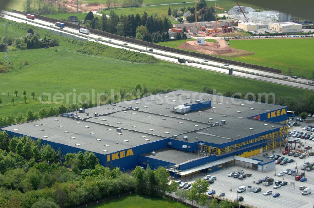 Chemnitz from the bird's eye view: Blick auf das IKEA - Einrichtungshaus im Neefepark 5 in Chemnitz an der Autobahn E 441. View of the IKEA - furniture store in Neefepark 5 in Chemnitz at the highway E 441st.