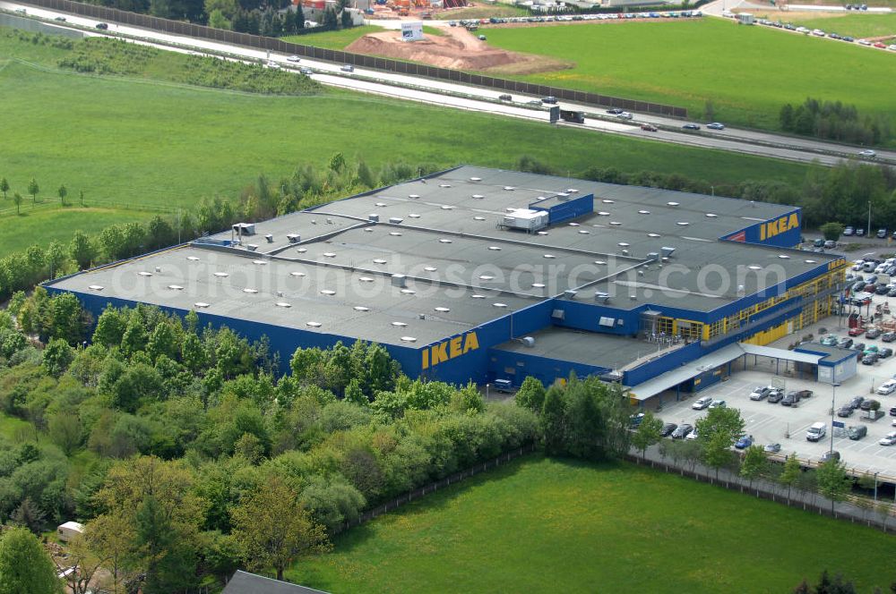 Aerial image Chemnitz - Blick auf das IKEA - Einrichtungshaus im Neefepark 5 in Chemnitz an der Autobahn E 441. View of the IKEA - furniture store in Neefepark 5 in Chemnitz at the highway E 441st.