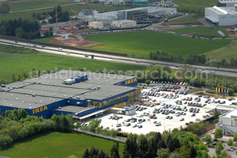 Aerial photograph Chemnitz - Blick auf das IKEA - Einrichtungshaus im Neefepark 5 in Chemnitz an der Autobahn E 441. View of the IKEA - furniture store in Neefepark 5 in Chemnitz at the highway E 441st.