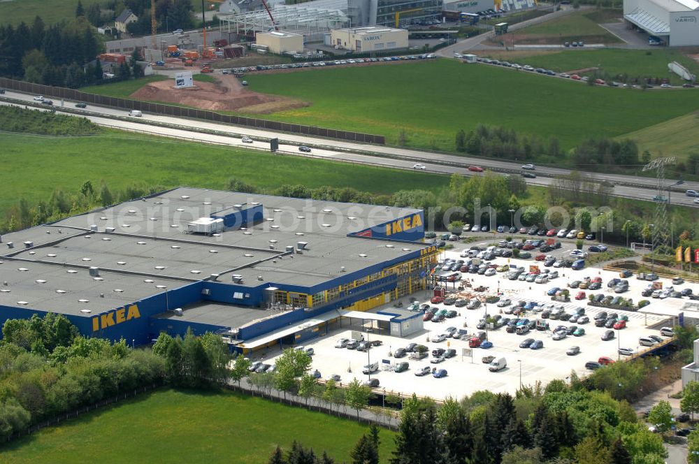 Chemnitz from above - Blick auf das IKEA - Einrichtungshaus im Neefepark 5 in Chemnitz an der Autobahn E 441. View of the IKEA - furniture store in Neefepark 5 in Chemnitz at the highway E 441st.