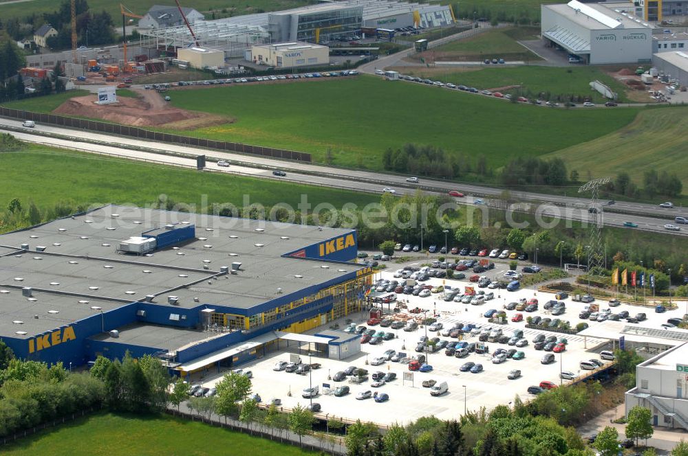 Chemnitz from the bird's eye view: Blick auf das IKEA - Einrichtungshaus im Neefepark 5 in Chemnitz an der Autobahn E 441. View of the IKEA - furniture store in Neefepark 5 in Chemnitz at the highway E 441st.