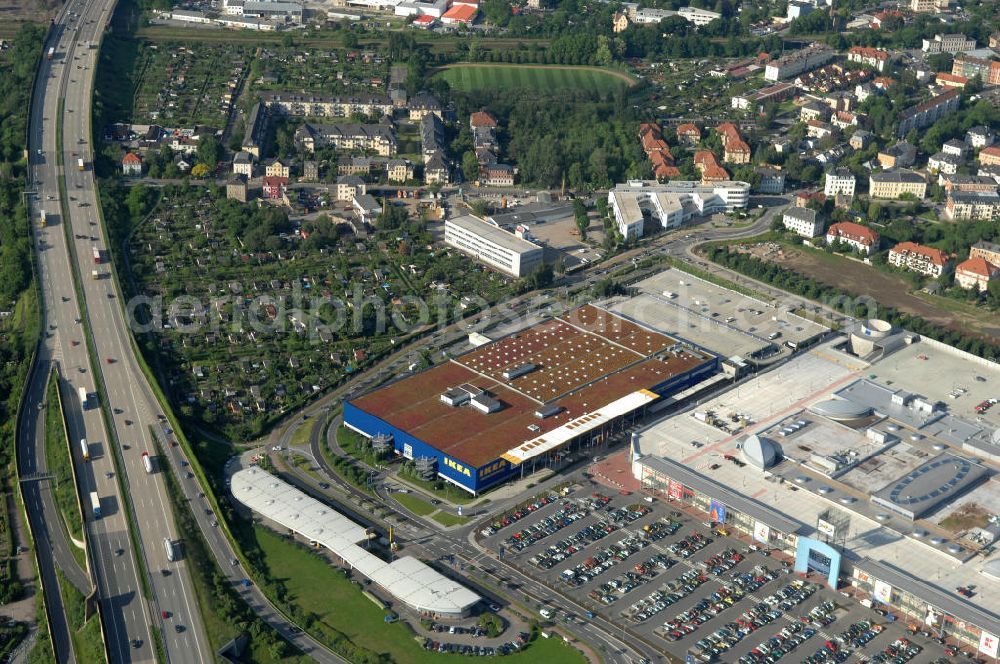 Aerial image Dresden - Blick auf das IKEA - Einrichtungshaus im Elbepark Dresden an der Petschelstrasse. View of the IKEA - furniture store in Dresden on the Elbe Park Petschelstrasse.