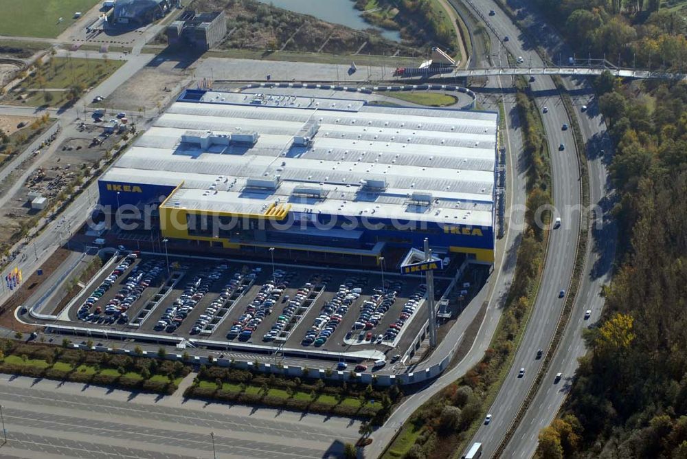 Hannover from the bird's eye view: Hannover 03.11. 2006. Blick auf das neue IKEA Einrichtungshaus auf dem EXPO-Park-Gelände zwischen dem Messe-Schnellweg und der Straße der Nationen in Hannover. Es wurde am 18. Oktober 2006 in Anwesenheit von Hannovers Oberbürgermeister Dr. Herbert Schmalstieg, Einrichtungshauschef Andreas Thier und IKEA Expansionschef Udo Knappstein eröffnet.