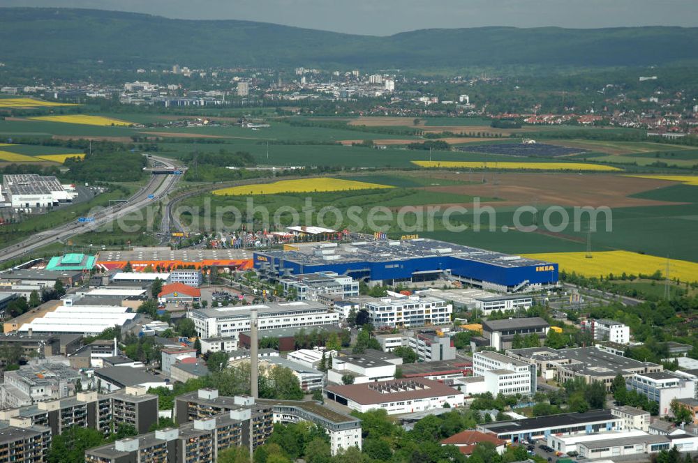 Aerial image Frankfurt am Main - Blick auf das IKEA Einrichtungshaus in Frankfurt am Main an der Züricher Straße 7 in 60437 Frankfurt Nieder-Eschbach.