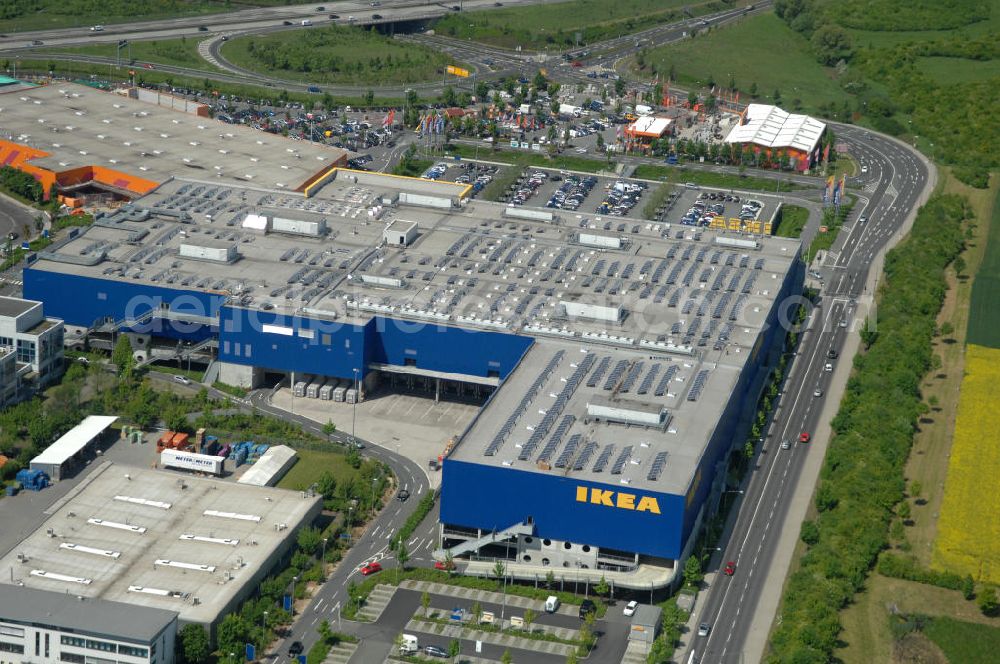 Aerial photograph Frankfurt am Main - Blick auf das IKEA Einrichtungshaus in Frankfurt am Main an der Züricher Straße 7 in 60437 Frankfurt Nieder-Eschbach.