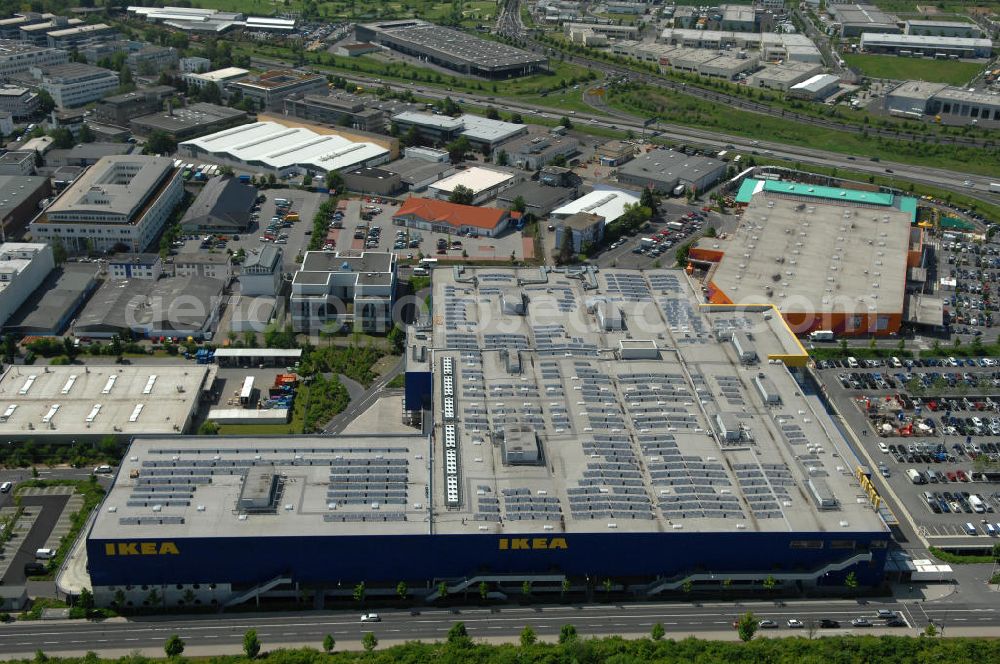 Aerial image Frankfurt am Main - Blick auf das IKEA Einrichtungshaus in Frankfurt am Main an der Züricher Straße 7 in 60437 Frankfurt Nieder-Eschbach.