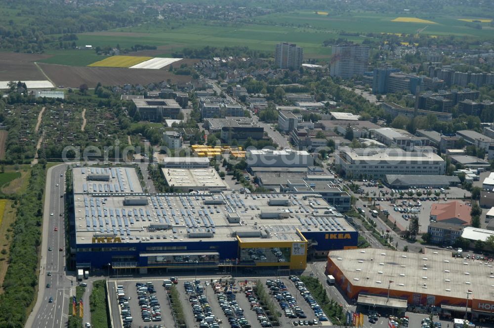 Aerial image Frankfurt am Main - Blick auf das IKEA Einrichtungshaus in Frankfurt am Main an der Züricher Straße 7 in 60437 Frankfurt Nieder-Eschbach.