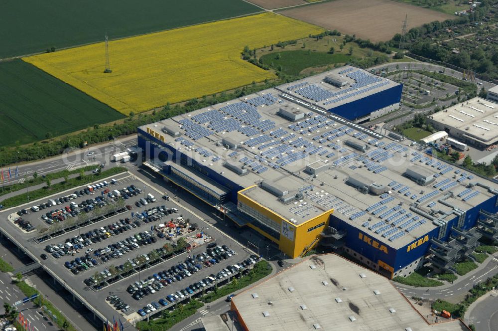 Aerial photograph Frankfurt am Main - Blick auf das IKEA Einrichtungshaus in Frankfurt am Main an der Züricher Straße 7 in 60437 Frankfurt Nieder-Eschbach.