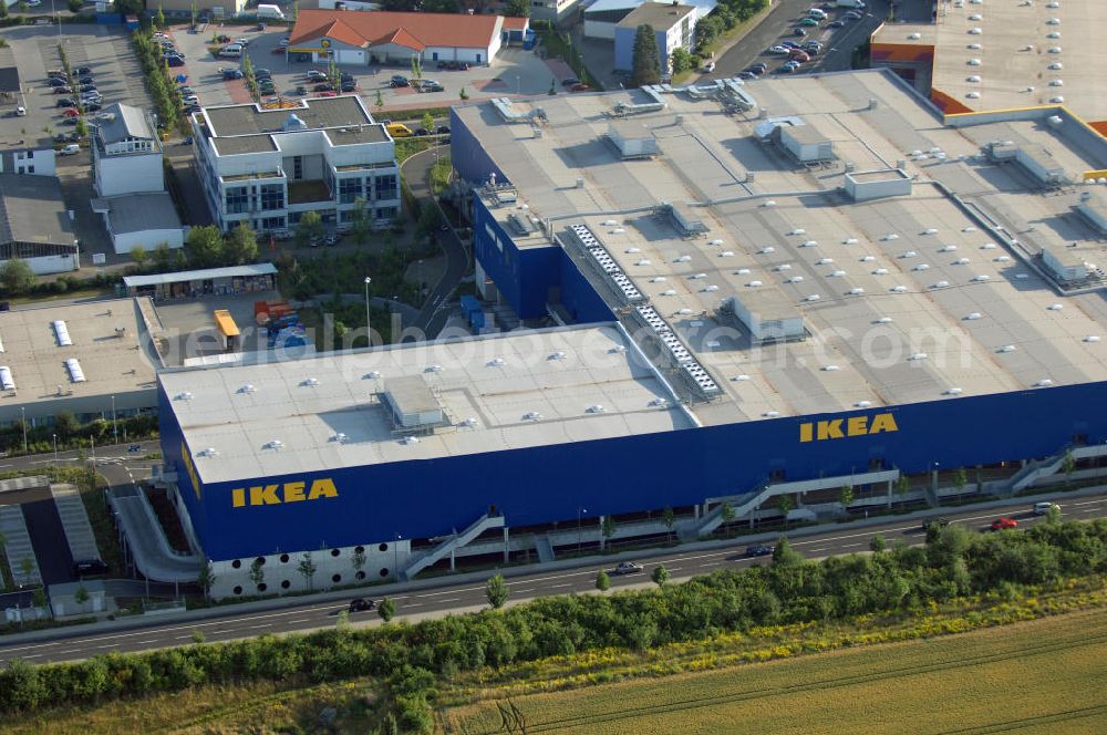 Aerial photograph Frankfurt am Main - Blick auf das IKEA Einrichtungshaus in Frankfurt am Main. IKEA Deutschland GmbH & Co. KG; Niederlassung Frankfurt, Züricher Straße 7, 60437 Frankfurt Nieder-Eschbach