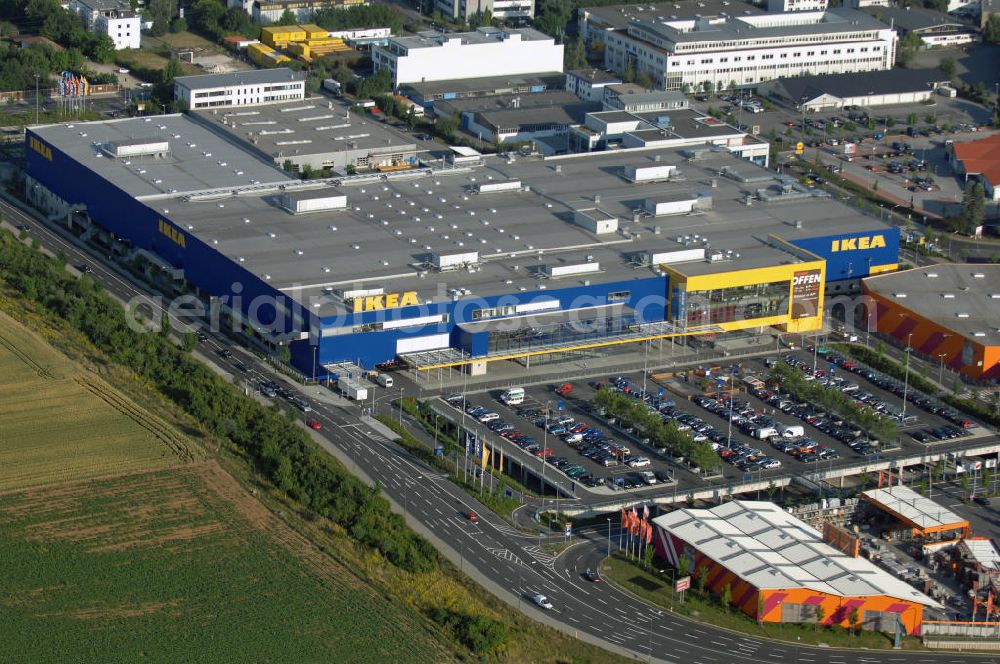 Aerial photograph Frankfurt am Main - Blick auf das IKEA Einrichtungshaus in Frankfurt am Main. IKEA Deutschland GmbH & Co. KG; Niederlassung Frankfurt, Züricher Straße 7, 60437 Frankfurt Nieder-Eschbach