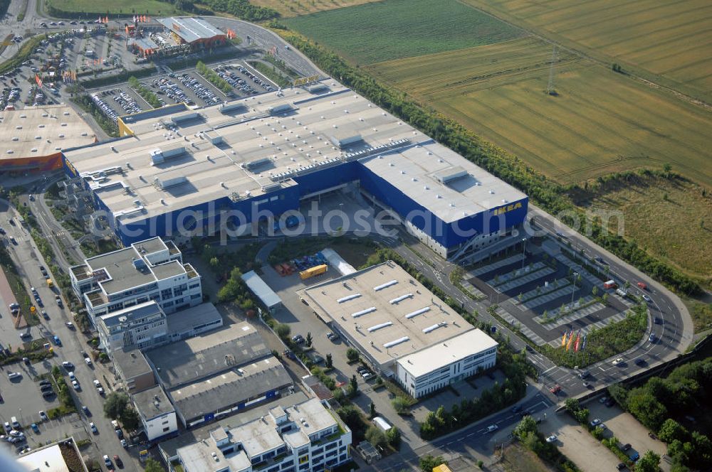 Aerial photograph Frankfurt am Main - Blick auf das IKEA Einrichtungshaus in Frankfurt am Main. IKEA Deutschland GmbH & Co. KG; Niederlassung Frankfurt, Züricher Straße 7, 60437 Frankfurt Nieder-Eschbach