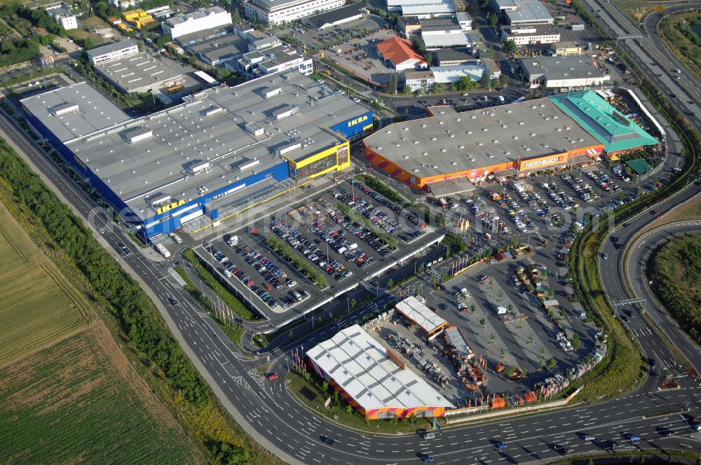 Aerial photograph Frankfurt am Main - Blick auf das IKEA Einrichtungshaus in Frankfurt am Main. IKEA Deutschland GmbH & Co. KG; Niederlassung Frankfurt, Züricher Straße 7, 60437 Frankfurt Nieder-Eschbach