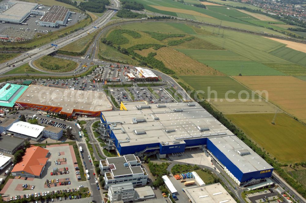 Aerial image Frankfurt am Main - Blick auf das IKEA Einrichtungshaus in Frankfurt am Main. IKEA Deutschland GmbH & Co. KG; Niederlassung Frankfurt; Züricher Straße 7; 60437 Frankfurt Nieder-Eschbach