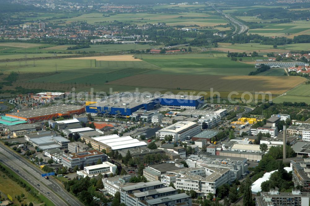 Frankfurt am Main from above - Blick auf das IKEA Einrichtungshaus in Frankfurt am Main. IKEA Deutschland GmbH & Co. KG; Niederlassung Frankfurt; Züricher Straße 7; 60437 Frankfurt Nieder-Eschbach