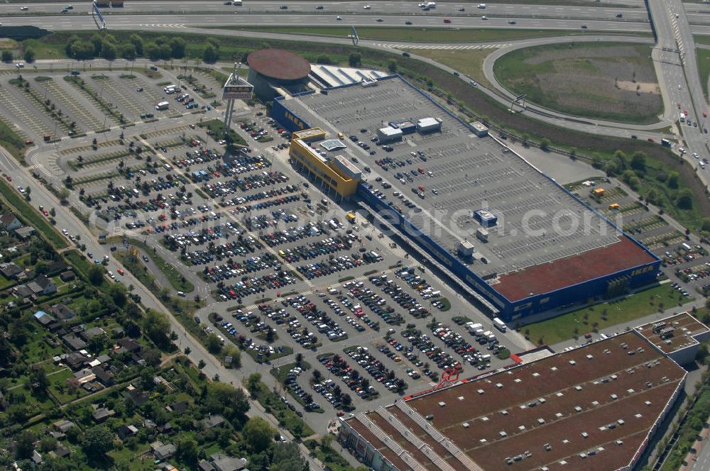 Hamburg from the bird's eye view: Blick auf das IKEA-Einrichtungshaus in Hamburg - Moorfleet an der Autobahnabfahrt Moorfleet (E22). View of the IKEA store in Hamburg - Moorfleet at the highway exit Moorfleet (E22).