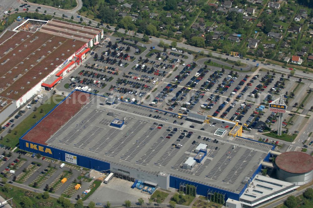 Aerial photograph Hamburg - Blick auf das IKEA-Einrichtungshaus in Hamburg - Moorfleet an der Autobahnabfahrt Moorfleet (E22). View of the IKEA store in Hamburg - Moorfleet at the highway exit Moorfleet (E22).