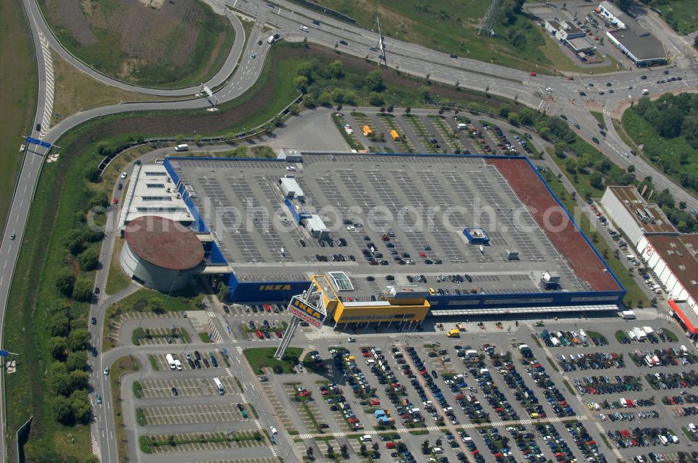 Hamburg from above - Blick auf das IKEA-Einrichtungshaus in Hamburg - Moorfleet an der Autobahnabfahrt Moorfleet (E22). View of the IKEA store in Hamburg - Moorfleet at the highway exit Moorfleet (E22).