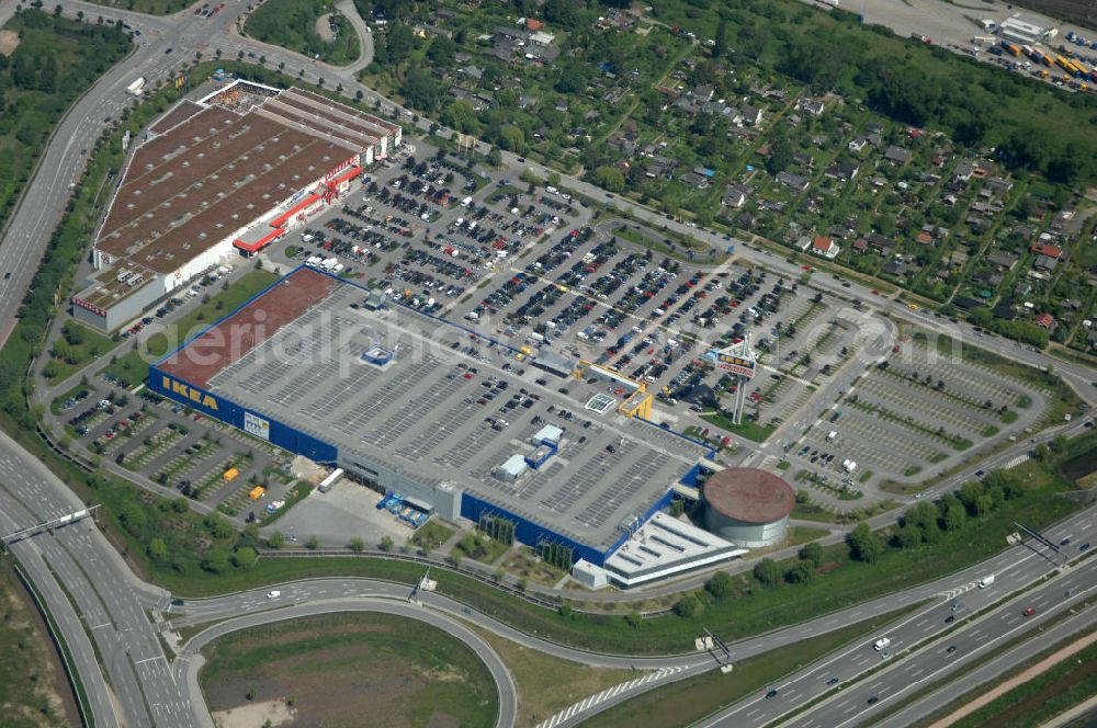 Hamburg from the bird's eye view: Blick auf das IKEA-Einrichtungshaus in Hamburg - Moorfleet an der Autobahnabfahrt Moorfleet (E22). View of the IKEA store in Hamburg - Moorfleet at the highway exit Moorfleet (E22).