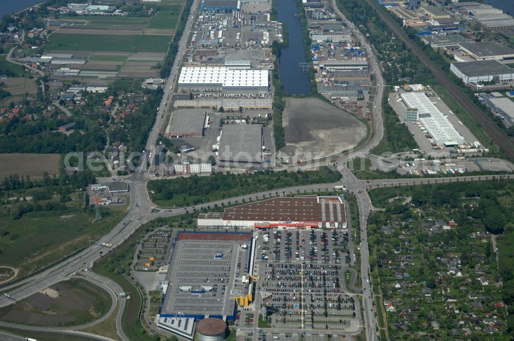 Hamburg from above - Blick auf das IKEA-Einrichtungshaus in Hamburg - Moorfleet an der Autobahnabfahrt Moorfleet (E22). View of the IKEA store in Hamburg - Moorfleet at the highway exit Moorfleet (E22).