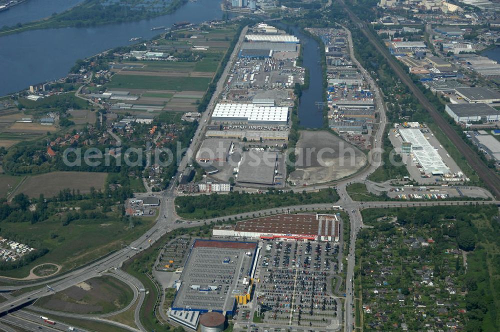 Hamburg from the bird's eye view: Blick auf das IKEA-Einrichtungshaus in Hamburg - Moorfleet an der Autobahnabfahrt Moorfleet (E22). View of the IKEA store in Hamburg - Moorfleet at the highway exit Moorfleet (E22).