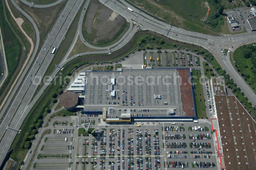 Aerial image Hamburg - Blick auf das IKEA-Einrichtungshaus in Hamburg - Moorfleet an der Autobahnabfahrt Moorfleet (E22). View of the IKEA store in Hamburg - Moorfleet at the highway exit Moorfleet (E22).