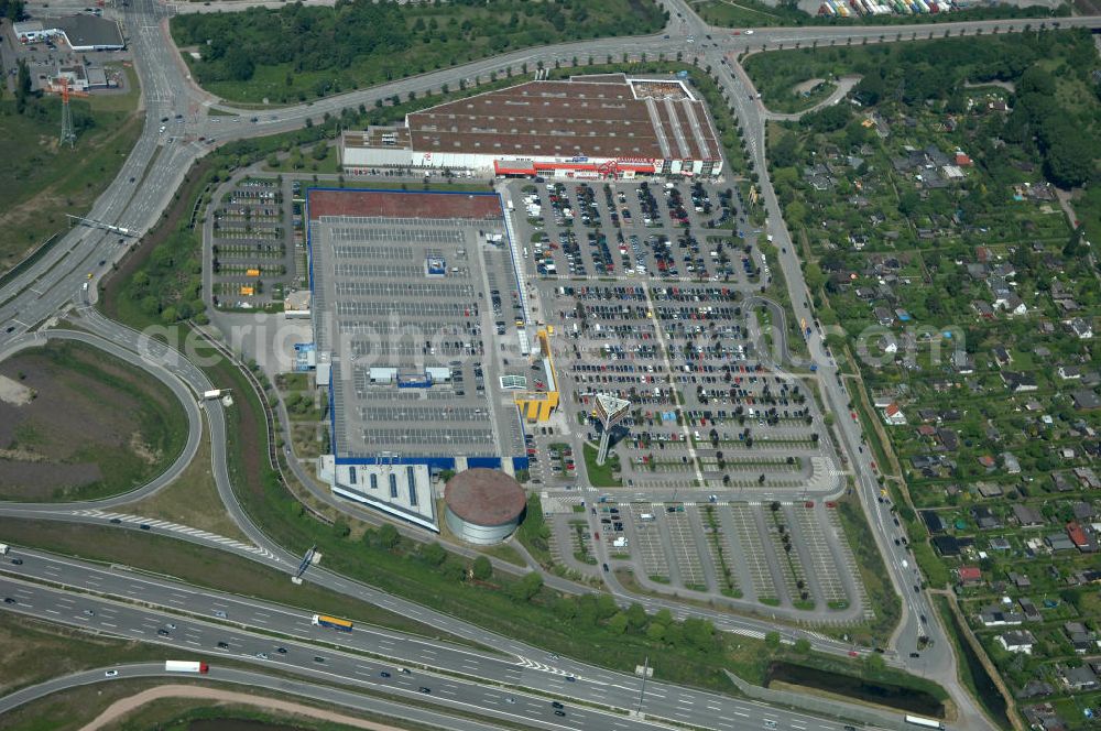 Aerial photograph Hamburg - Blick auf das IKEA-Einrichtungshaus in Hamburg - Moorfleet an der Autobahnabfahrt Moorfleet (E22). View of the IKEA store in Hamburg - Moorfleet at the highway exit Moorfleet (E22).