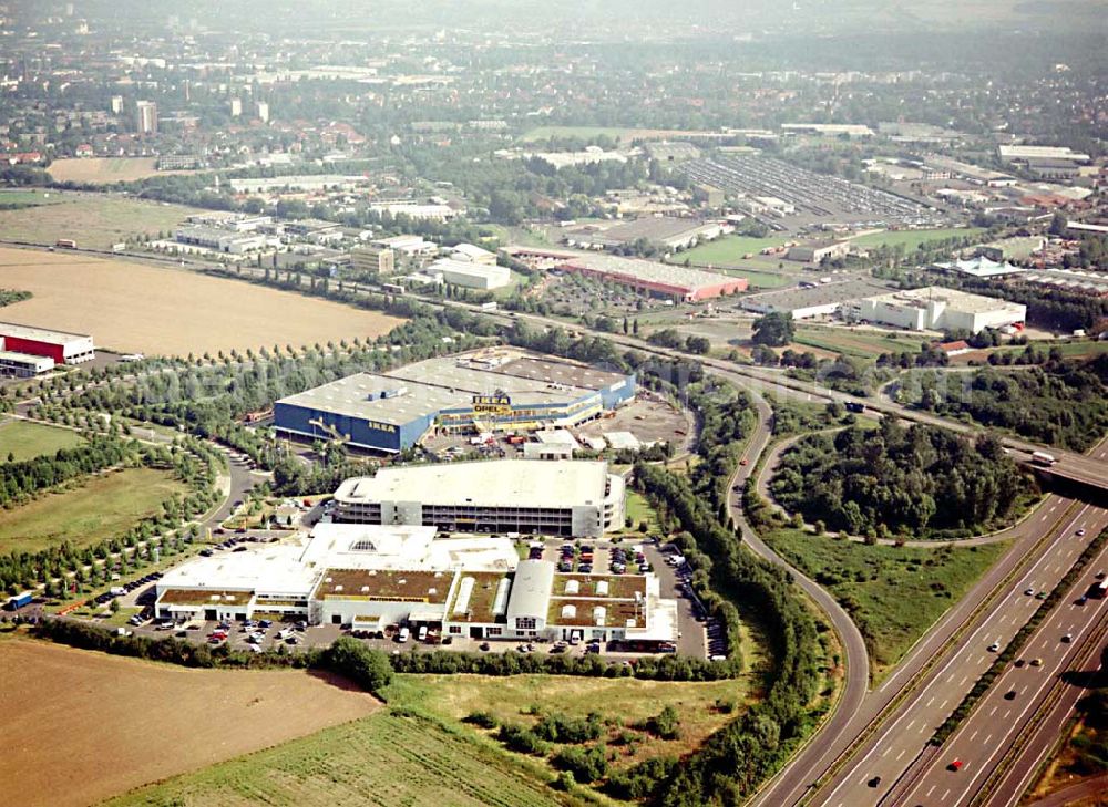 Kassel / Hessen from the bird's eye view: IKEA-Einrichtungshaus Kassel an der Bundesautobahn A49/ Konrad-Zuse Straße/ Heinrich-Herz Straße. Mit im Bild das neu errrichtete Parkdeck sowie der an die OPEL-Niederlassung Kassel vermiete Grundbesitz