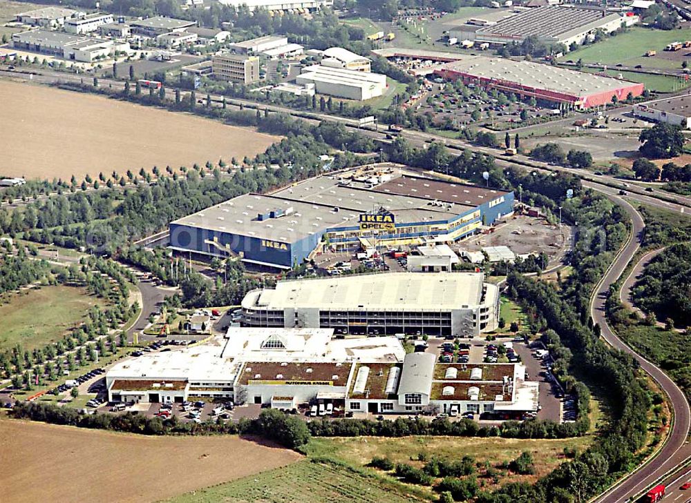 Aerial image Kassel / Hessen - IKEA-Einrichtungshaus Kassel an der Bundesautobahn A49/ Konrad-Zuse Straße/ Heinrich-Herz Straße. Mit im Bild das neu errrichtete Parkdeck sowie der an die OPEL-Niederlassung Kassel vermiete Grundbesitz