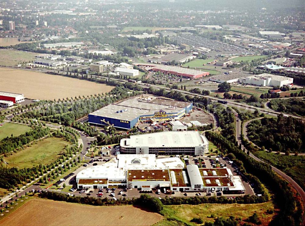 Aerial image Kassel / Hessen - IKEA-Einrichtungshaus Kassel an der Bundesautobahn A49/ Konrad-Zuse Straße/ Heinrich-Herz Straße. Mit im Bild das neu errrichtete Parkdeck sowie der an die OPEL-Niederlassung Kassel vermiete Grundbesitz