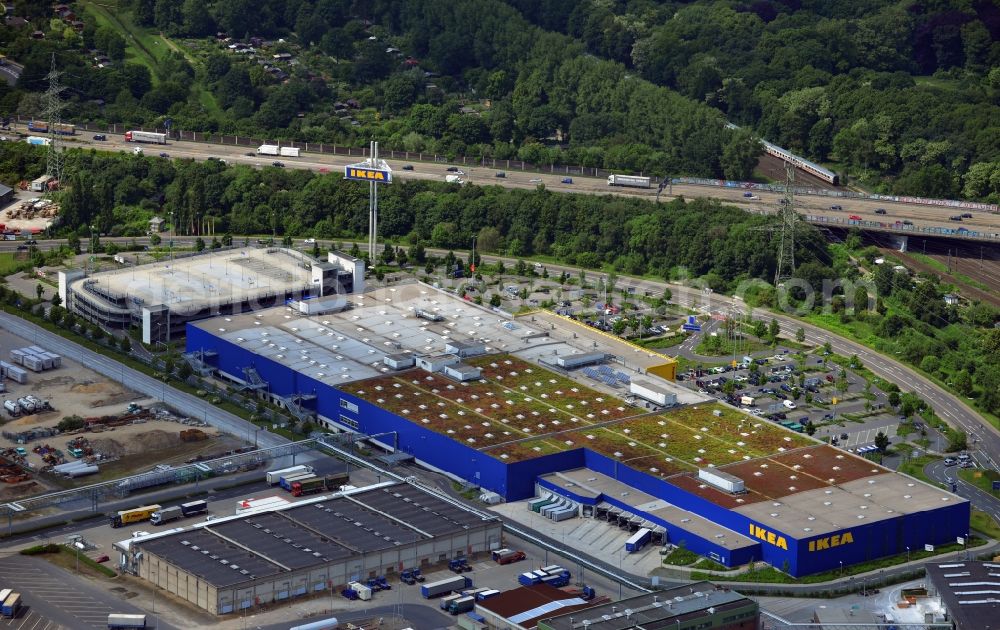 Düsseldorf from the bird's eye view: IKEA furniture store / furniture store in the industrial area on the Oerschbachstraße in Dusseldorf in North Rhine-Westphalia