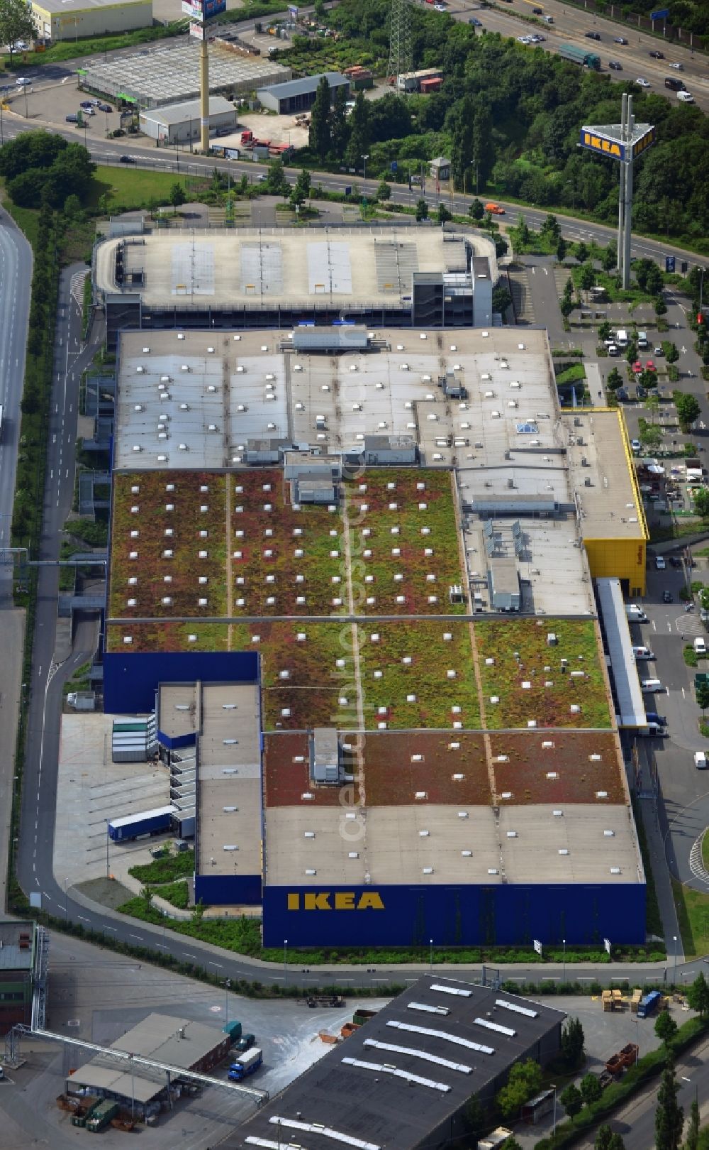 Aerial image Düsseldorf - IKEA furniture store / furniture store in the industrial area on the Oerschbachstraße in Dusseldorf in North Rhine-Westphalia