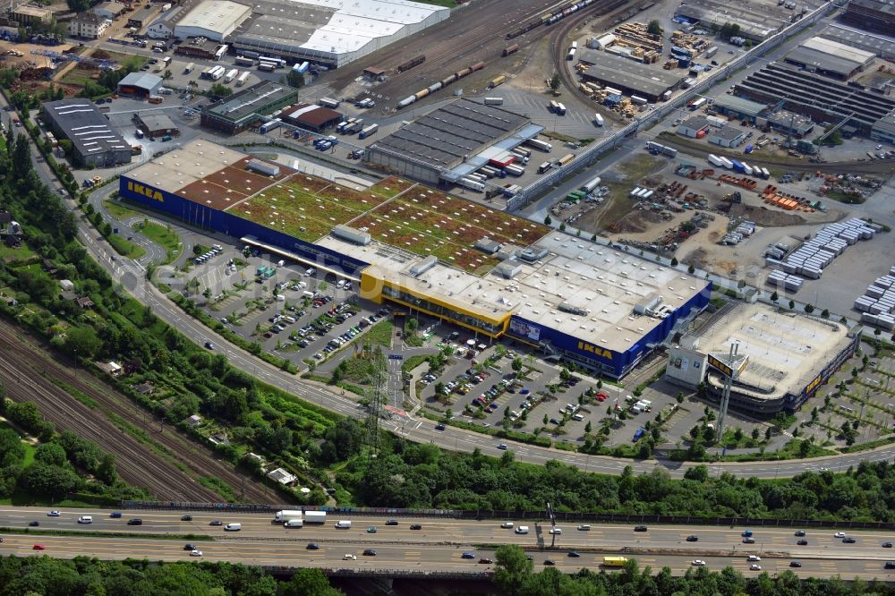 Düsseldorf from the bird's eye view: IKEA furniture store / furniture store in the industrial area on the Oerschbachstraße in Dusseldorf in North Rhine-Westphalia