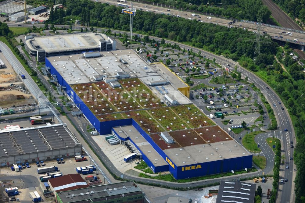 Düsseldorf from the bird's eye view: IKEA furniture store / furniture store in the industrial area on the Oerschbachstraße in Dusseldorf in North Rhine-Westphalia