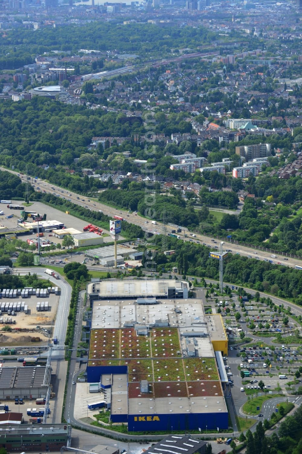 Aerial image Düsseldorf - IKEA furniture store / furniture store in the industrial area on the Oerschbachstraße in Dusseldorf in North Rhine-Westphalia