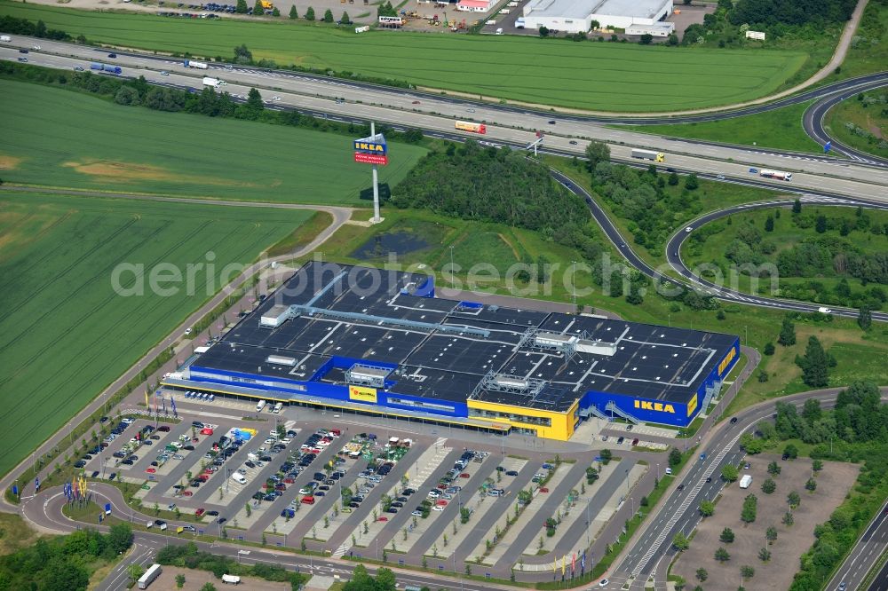 Leuna OT Günthersdorf from the bird's eye view: View of the IKEA furniture store / furniture store Leipzig / Halle in Guenthersdorf in Saxony-Anhalt