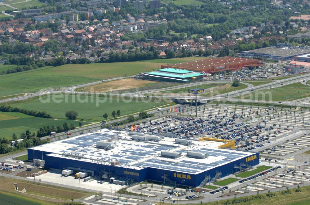 Würzburg from the bird's eye view: Blick auf das IKEA - Einrichtungshaus an der Autobahn A7 / B19 an der Mainfrankenhöhe 2 in 97078 Würzburg. View of the IKEA - furniture store on the highway A7 / B19 in 97078 Würzburg.