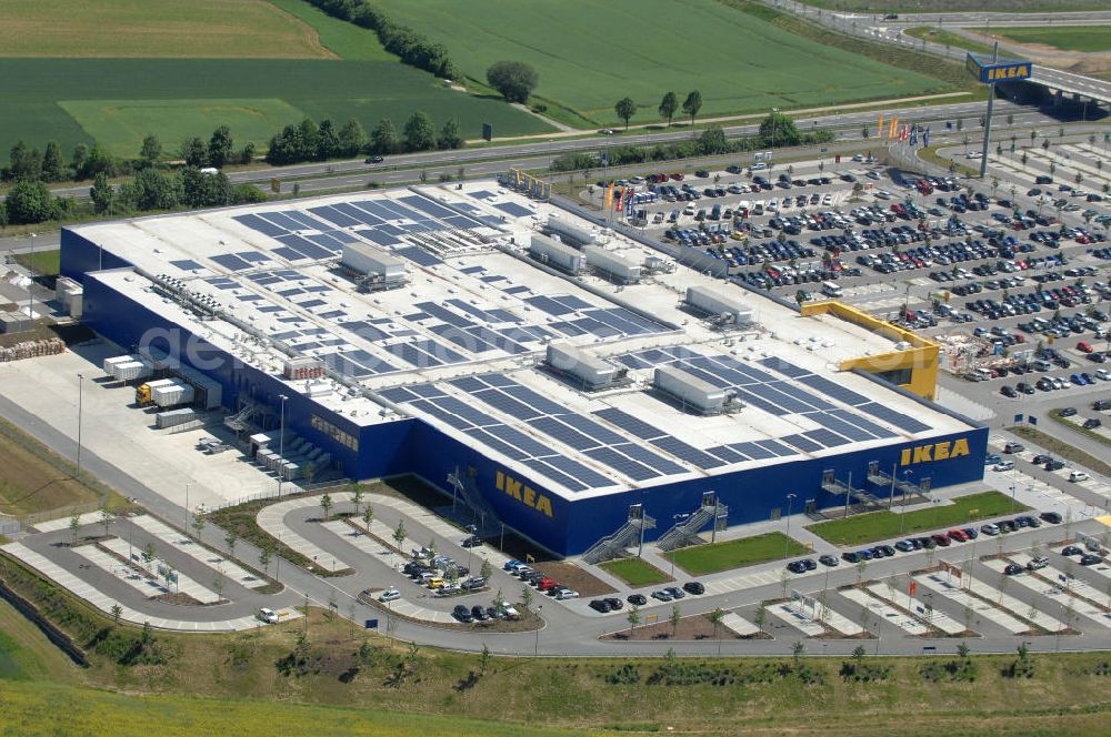 Würzburg from above - Blick auf das IKEA - Einrichtungshaus an der Autobahn A7 / B19 an der Mainfrankenhöhe 2 in 97078 Würzburg. View of the IKEA - furniture store on the highway A7 / B19 in 97078 Würzburg.