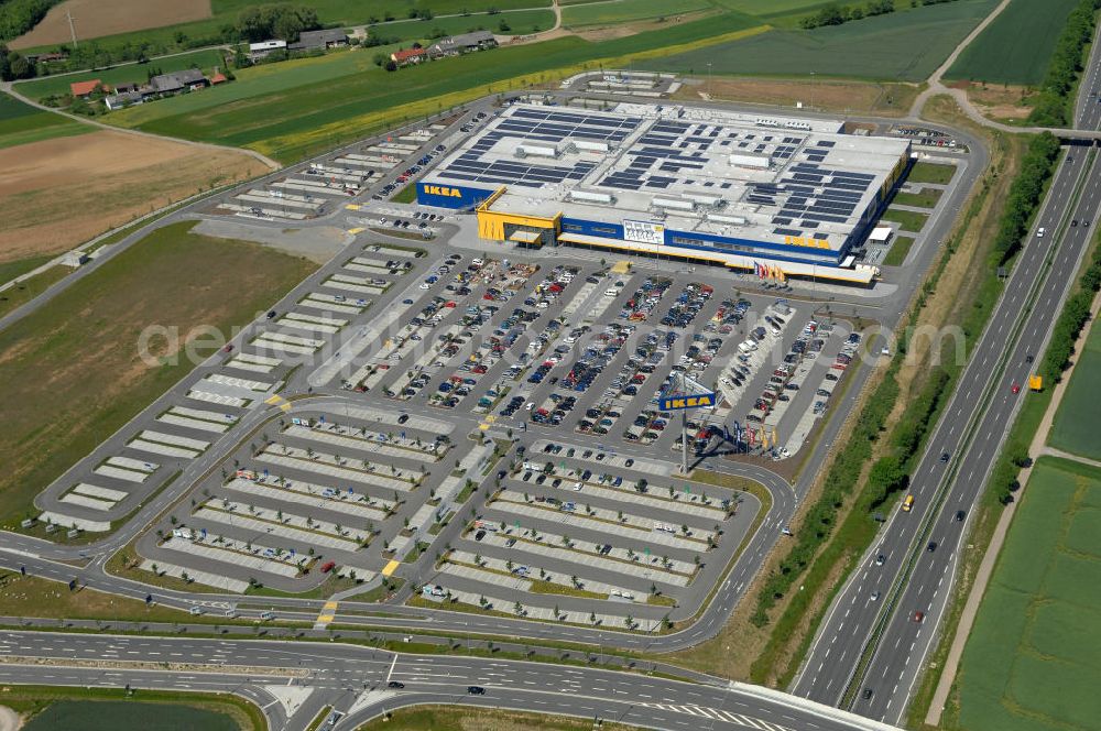 Würzburg from above - Blick auf das IKEA - Einrichtungshaus an der Autobahn A7 / B19 an der Mainfrankenhöhe 2 in 97078 Würzburg. View of the IKEA - furniture store on the highway A7 / B19 in 97078 Würzburg.